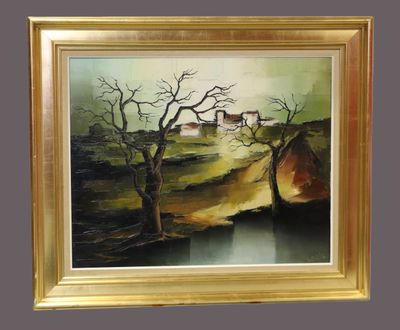 une peinture à l'huile représentant un paysage avec un arbre et une maison au loin