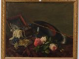 painting of a still life with a violin and flowers on a table