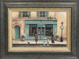 peinture représentant une peinture d'une devanture de magasin avec des personnes et un chien devant