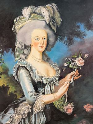 tableau représentant une femme en robe bleue tenant une fleur