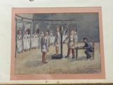 painting of a group of people standing around a table in a room