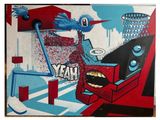 un tableau représentant un oiseau bleu perché sur le toit d'une voiture rouge