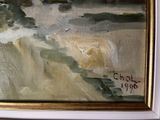 a picture of a painting of a man on the beach