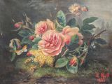 un tableau représentant des roses et d'autres fleurs posées sur une table