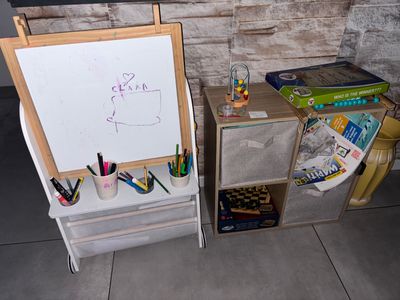 a easer with a white board and a chalk board on it