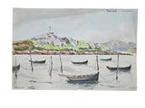 a painting of boats in the water with a mountain in the background