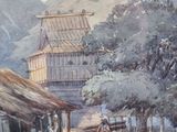 a painting of a village scene with a horse and a man