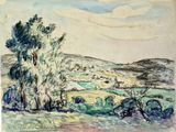 une image d'un tableau représentant un paysage avec des arbres au premier plan