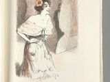 drawing of a woman in a white dress with a red flower in her hair