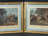 deux reproductions encadrées représentant des hommes à cheval dans un décor boisé