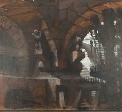 tableau représentant un homme et une femme assis à une table dans un vieux bâtiment