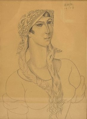 drawing of a woman with a head scarf and a scarf on her head