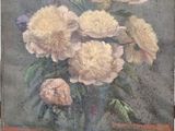 painting of flowers in a glass vase on a table