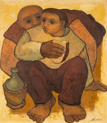 une image d'un tableau représentant une femme tenant un enfant dans ses bras