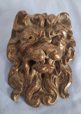 a bronze lion head on a white surface