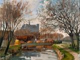an image of a painting of a river with a house in the background