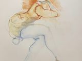 painting of a woman sitting on a chair with her legs crossed