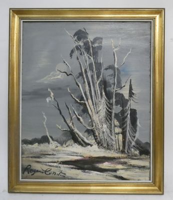 peinture d'un homme debout à côté d'un arbre mort dans un champ