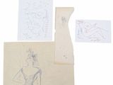 trois dessins représentant une femme assise sur une chaise, à côté d'un vase et d'une feuille de papier