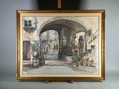 une peinture à l'huile représentant une cour avec des plantes en pot posées sur un chevalet