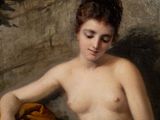 a painting of a naked woman sitting on a bed