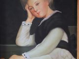 painting of a woman in a black dress sitting on a chair