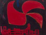 une image représentant un tableau d'un oiseau rouge sur fond noir