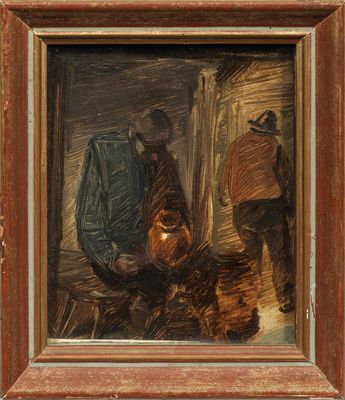an oil painting of a man and a dog in a barn