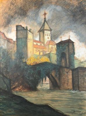 peinture représentant un tableau d'un château avec un pont au premier plan