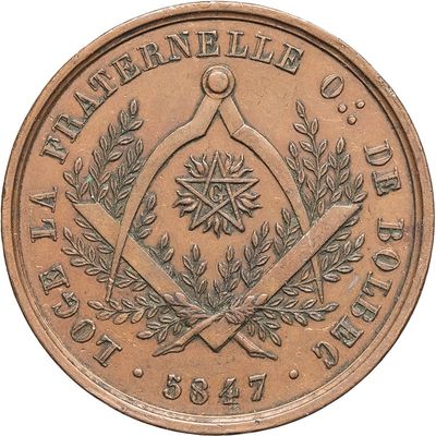 an image of a copper coin with a masonic symbol on it
