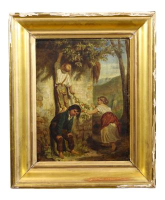 an oil painting of a man and a woman picking grapes from a tree