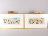 pair of framed watercolor paintings of people on the beach