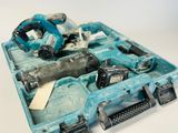 a blue tool case with tools in it on a white surface