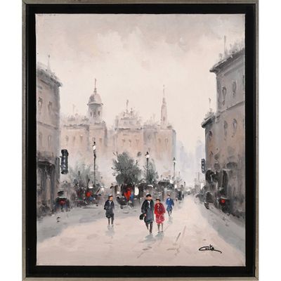 painting of people walking down a city street with umbrellas in the rain