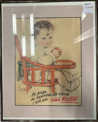 tableau représentant un bébé assis sur une chaise, une fleur à la main