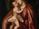 une peinture représentant une femme tenant un bébé sur ses genoux