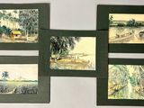 four paintings of boats on a body of water with palm trees in the background