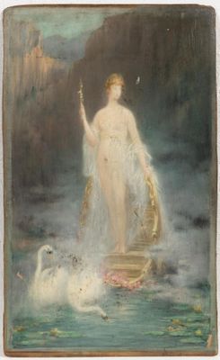 an image of a painting of a woman on a boat with swans