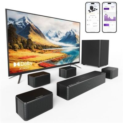 an image of a tv with speakers and a remote control