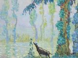 an oil painting of a bird in the woods by a tree
