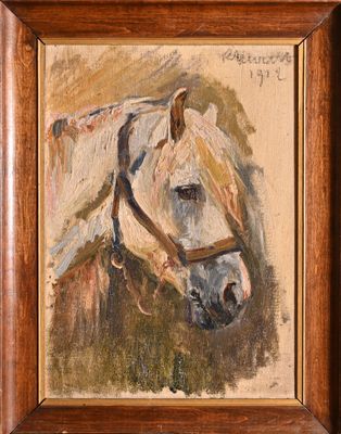 an oil painting of a white horse with a bridle on it ' s head