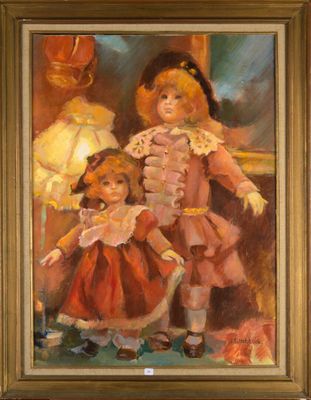 an oil painting of two little girls and a doll in a room