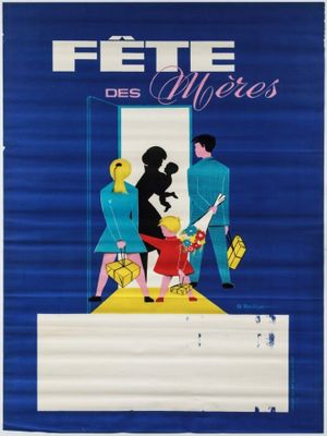 a blue and white poster with people standing in front of a door