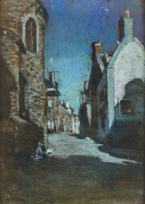 une peinture à l'huile représentant une scène de rue avec des bâtiments et une personne assise sur un banc
