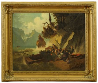 une image d'un tableau représentant un groupe de personnes sur une plage