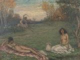 a painting of a couple of naked women laying on the grass