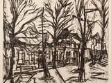 une image représentant un dessin en noir et blanc d'arbres devant une maison