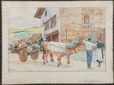 tableau représentant un homme et une vache tirant une charrette sur laquelle se trouve un homme