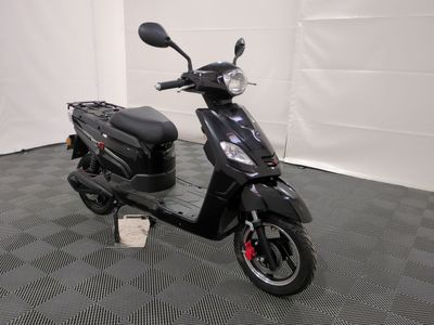 the scooter is parked in the garage on the tiled floor