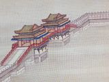 painting of a long bridge with a building on top of it in the middle of a body of water